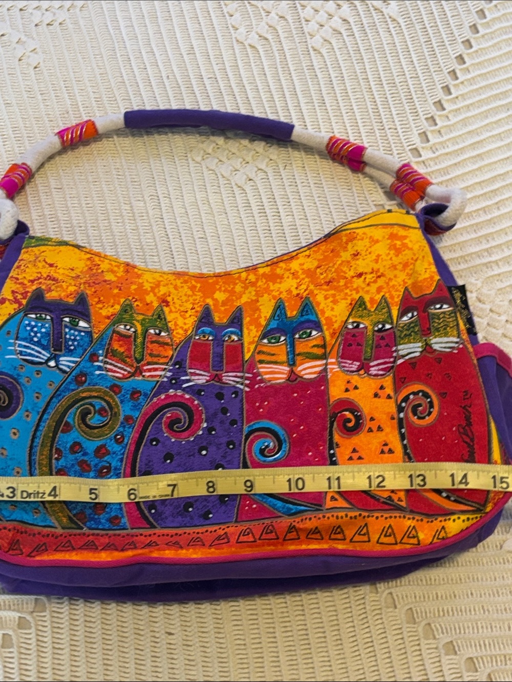 Laurel Burch Multicolor Cat-Print Shoulder Bag - Orange, Purple, Blue, Red - Picture 12 of 13